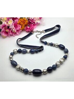 Chico's Blue Acrylic Bead Silver Tone Ribbon Cord Statement Necklace 45 in adj.